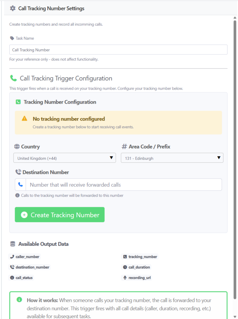 The Call Tracking Number settings in the BaseCloud workflow builder, with country, area code and destination number fields and the list of data each call provides