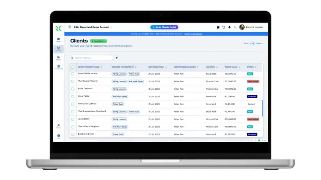 The Clients list in BaseCloud CRM, with demo clients showing the services they're interested in, their manager, location, value and status