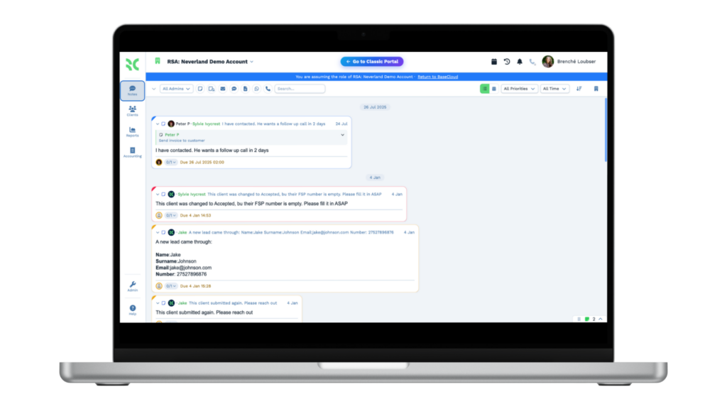 A client’s communication timeline in BaseCloud CRM