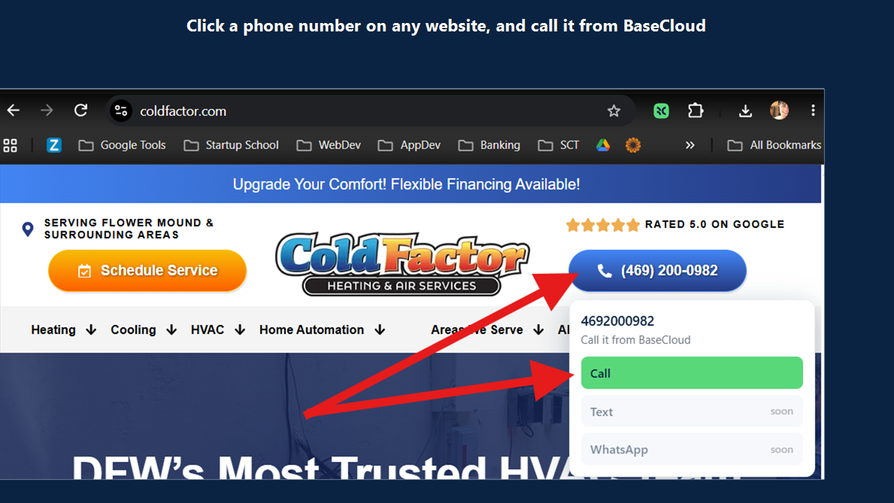 The BaseCloud card next to a phone number on a website, with a Call button