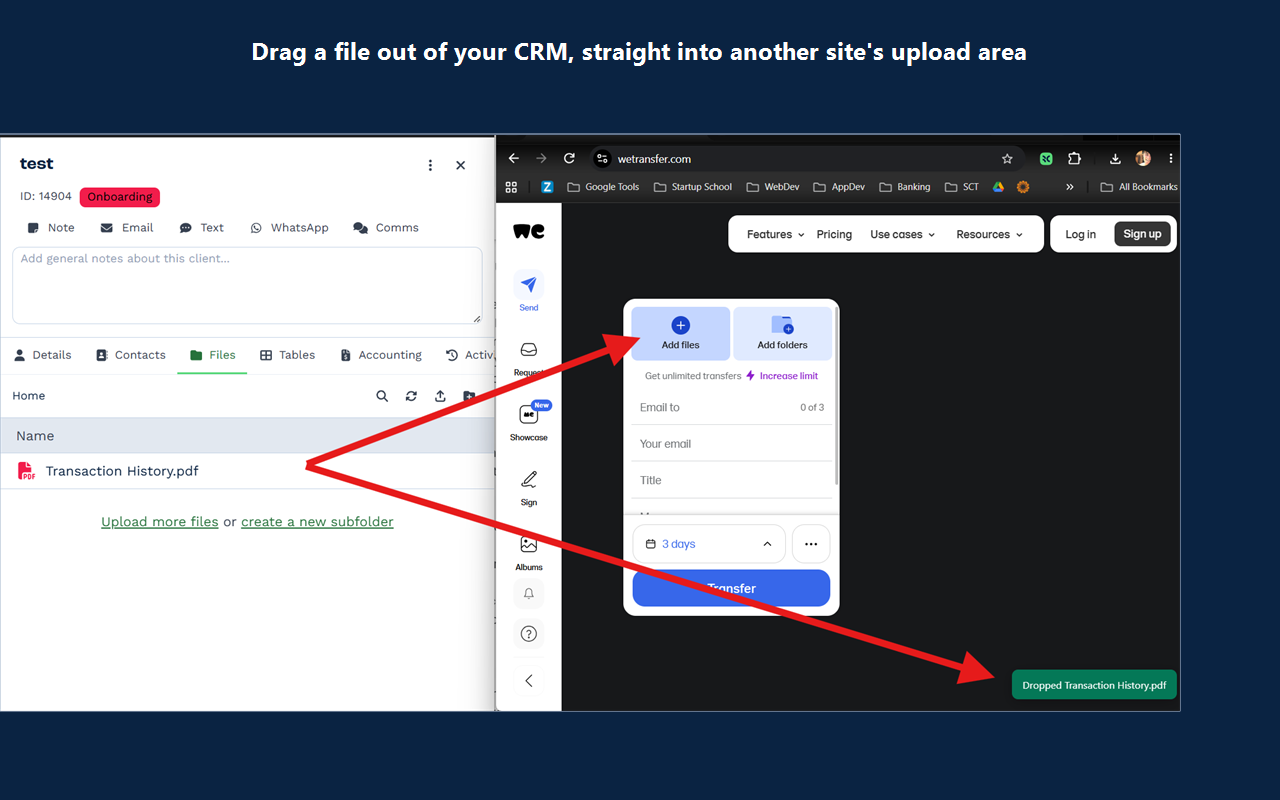 A PDF dragged from a client's Files tab in BaseCloud onto another website's upload area