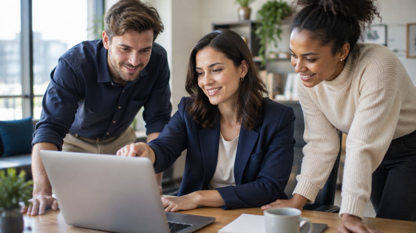 Colleagues reviewing a sales pipeline together on a laptop, showing the benefits of CRM software