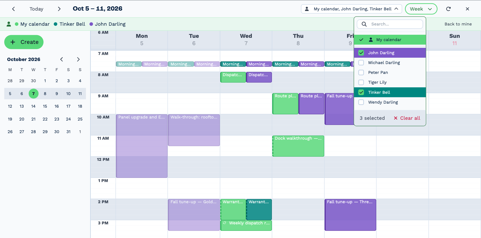The BaseCloud CRM calendar in week view with three people's calendars overlaid in green, teal and purple, and the people picker open