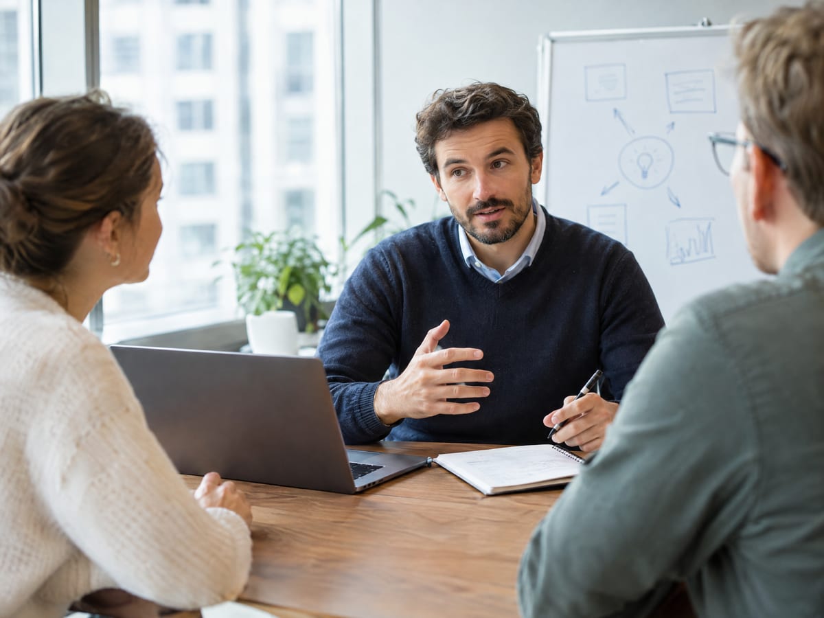 Consultant talking a plan through with two clients at a meeting table
