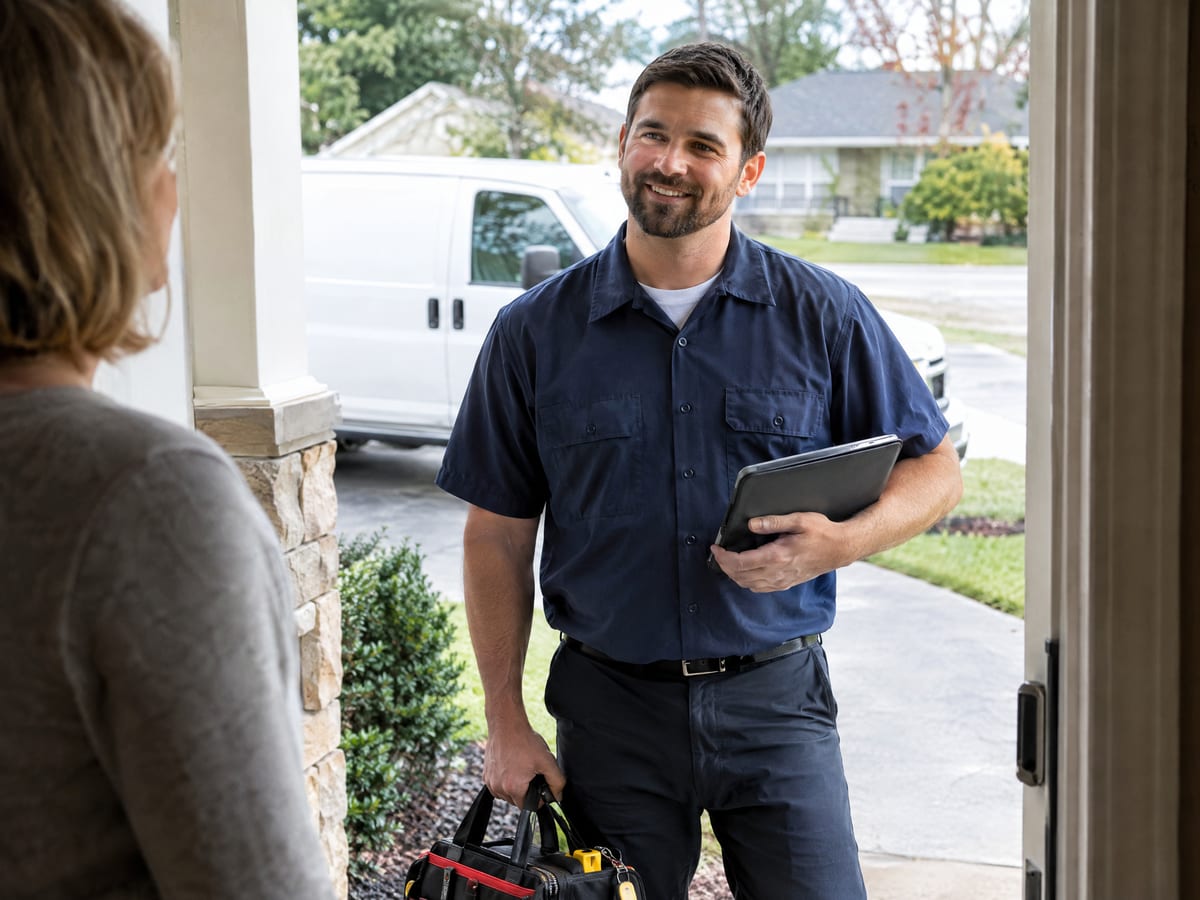 Service technician with a tablet and tool bag greeting a homeowner at the front door