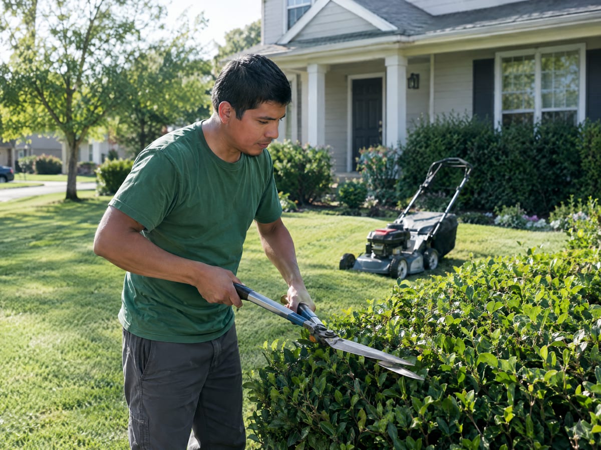 Landscaper trimming a hedge with shears beside a mown lawn and a lawn mower