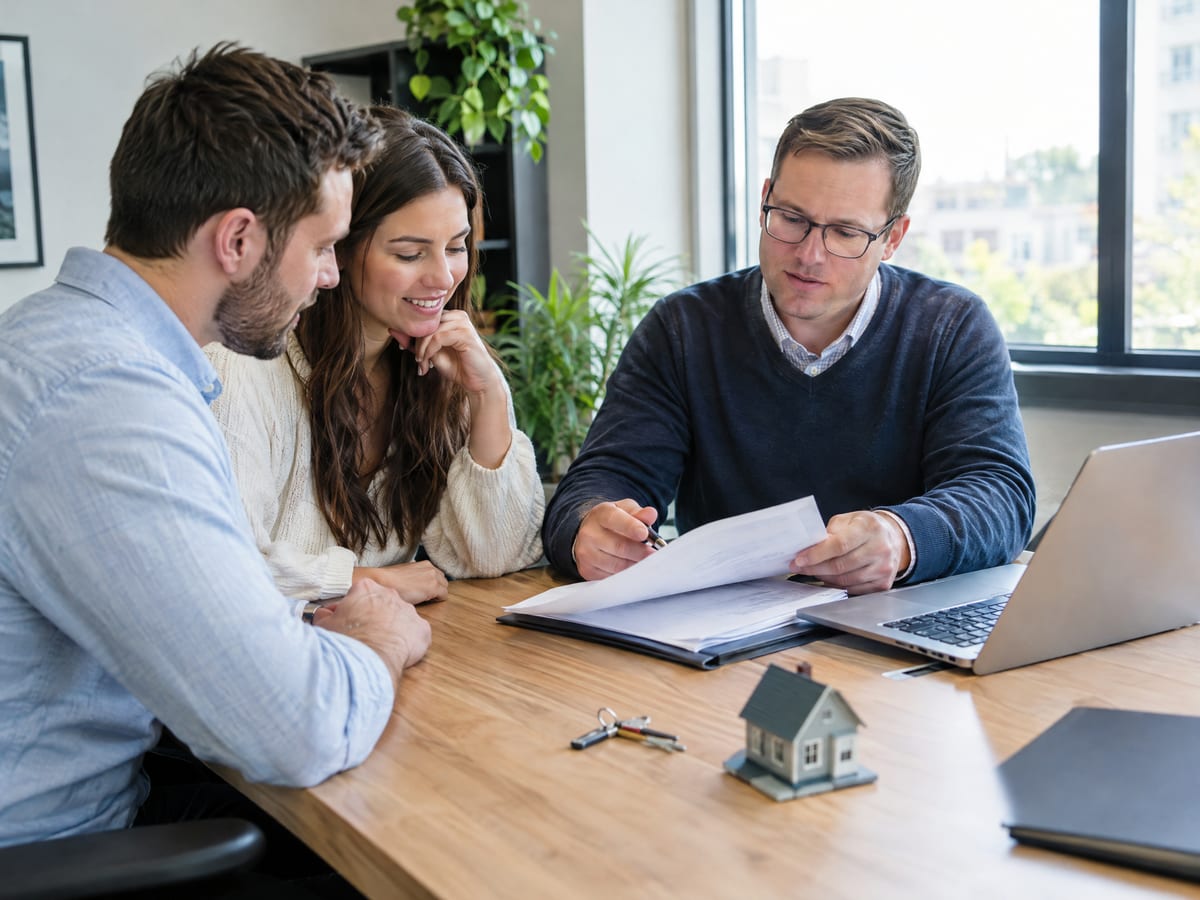 Loan officer going through paperwork with a couple at a desk, with house keys and a model house