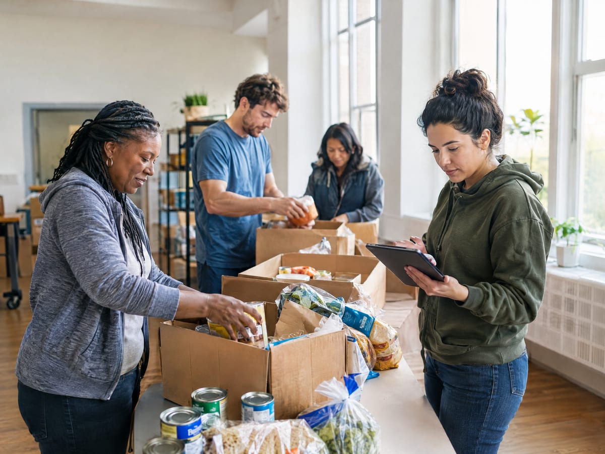 Volunteers sorting boxes of donated food while a coordinator checks a tablet