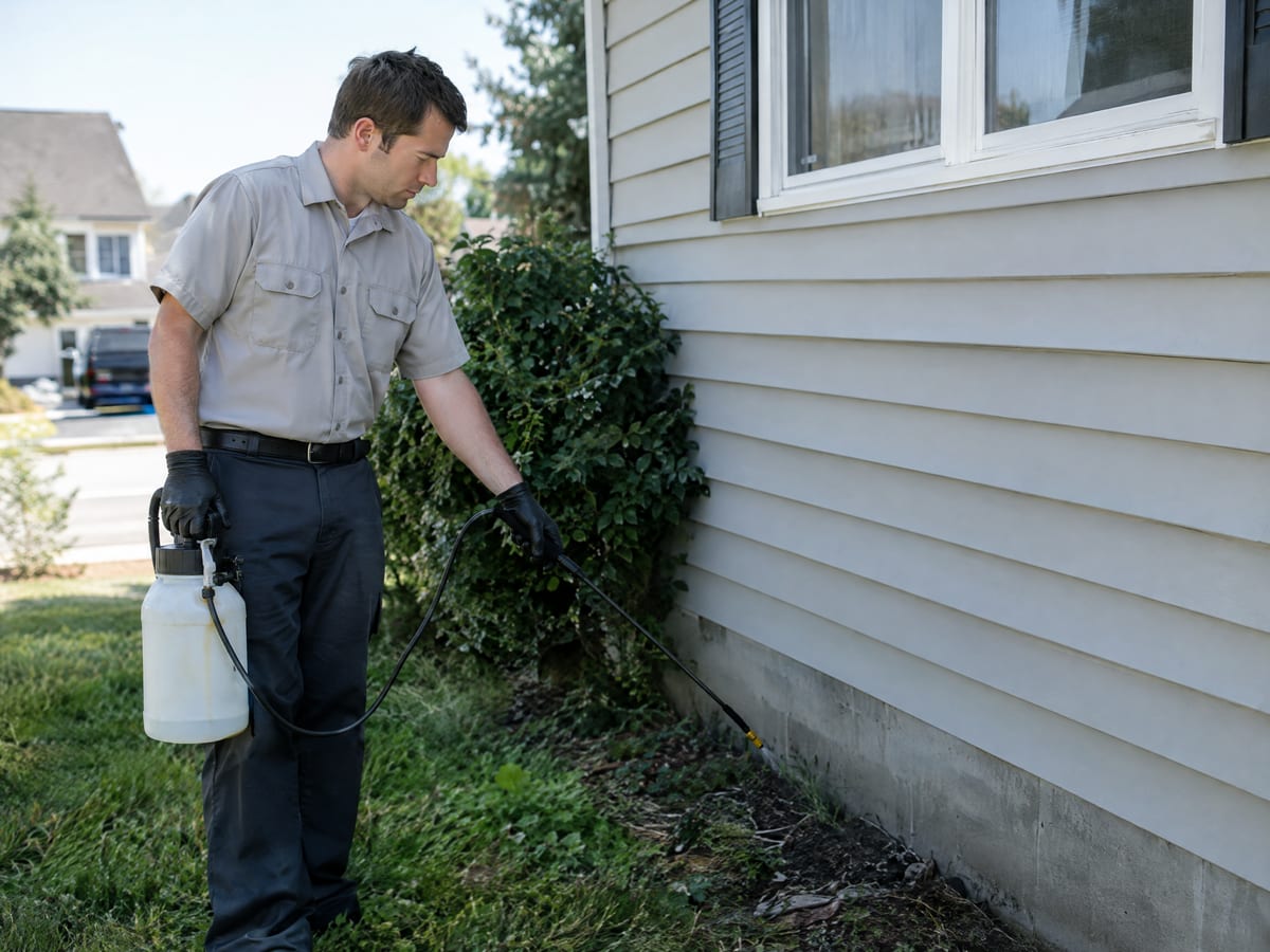 Pest control technician spraying along the base of a house wall