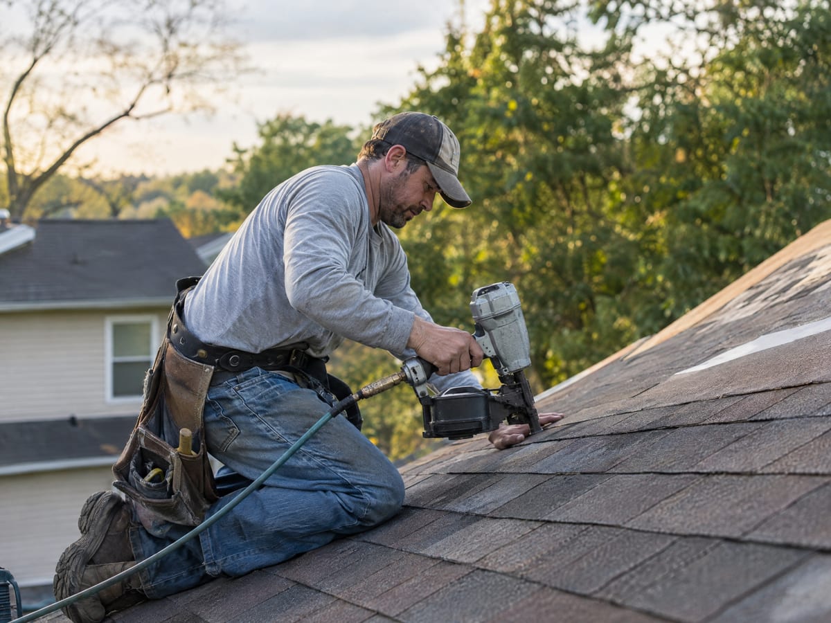 Roofer with a tool belt nailing shingles onto a house roof with a nail gun