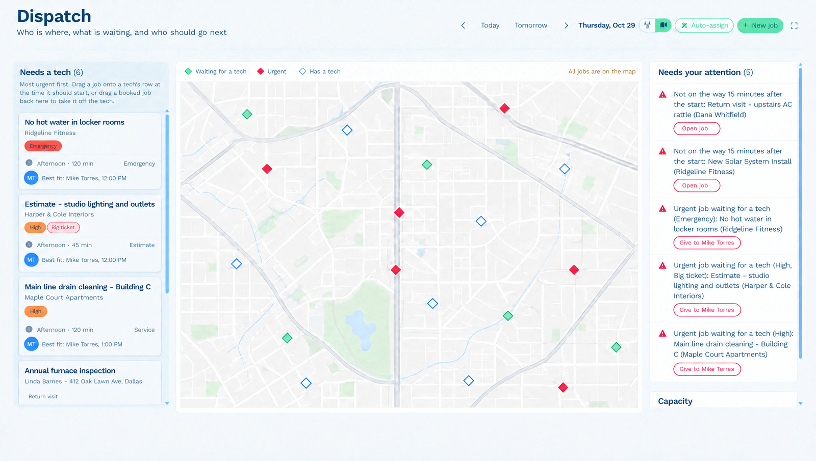 Dispatch map with job pins coloured for waiting, urgent and assigned jobs, beside the Needs a tech queue