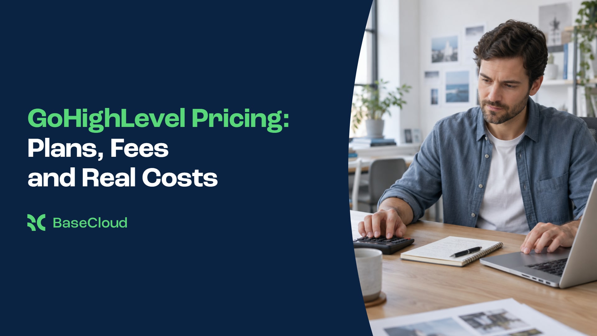 An agency owner working out costs with a calculator and laptop, beside the title GoHighLevel Pricing: Plans, Fees and Real Costs