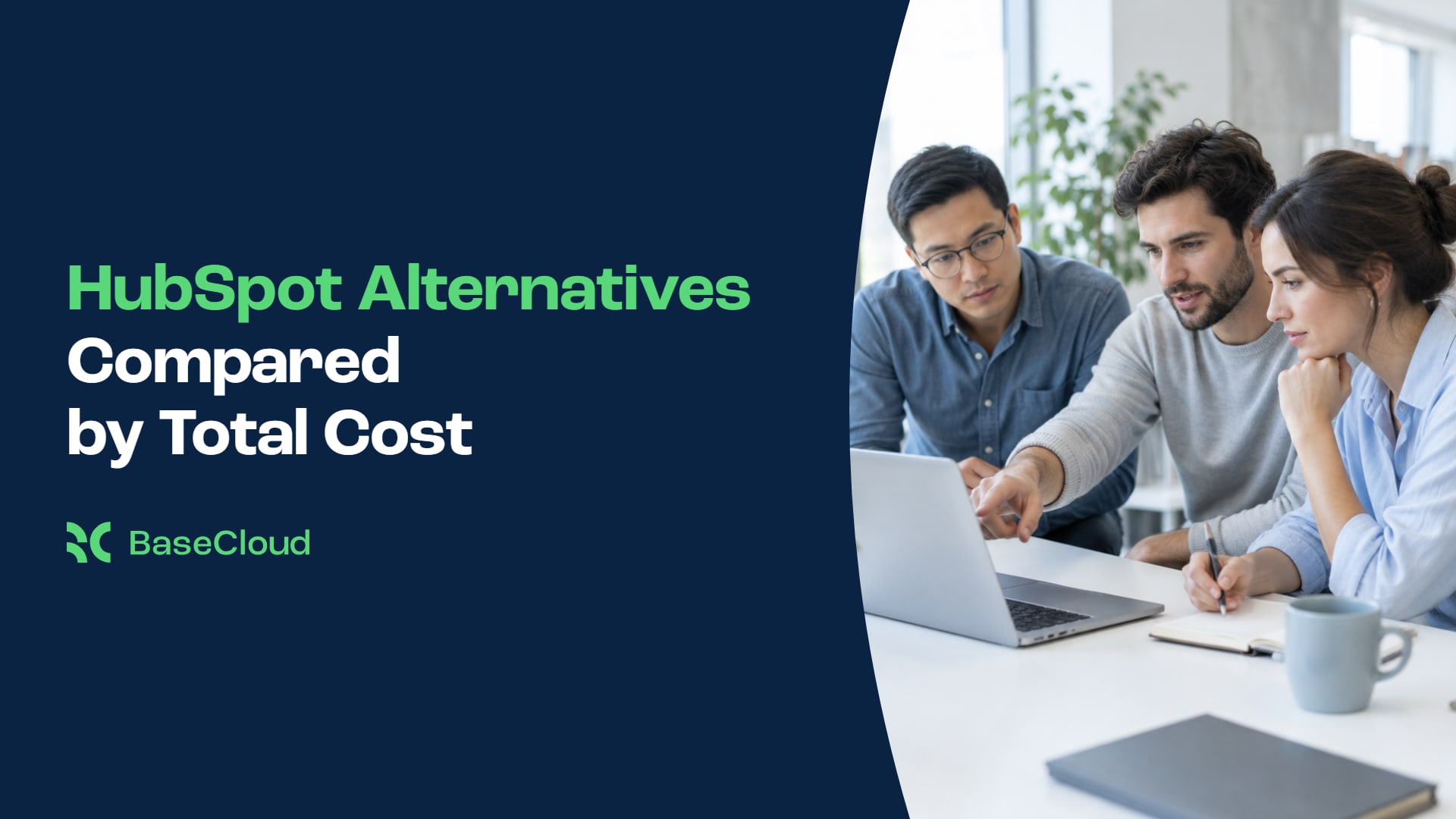 Three colleagues comparing CRM options on a laptop, beside the title HubSpot Alternatives Compared by Total Cost