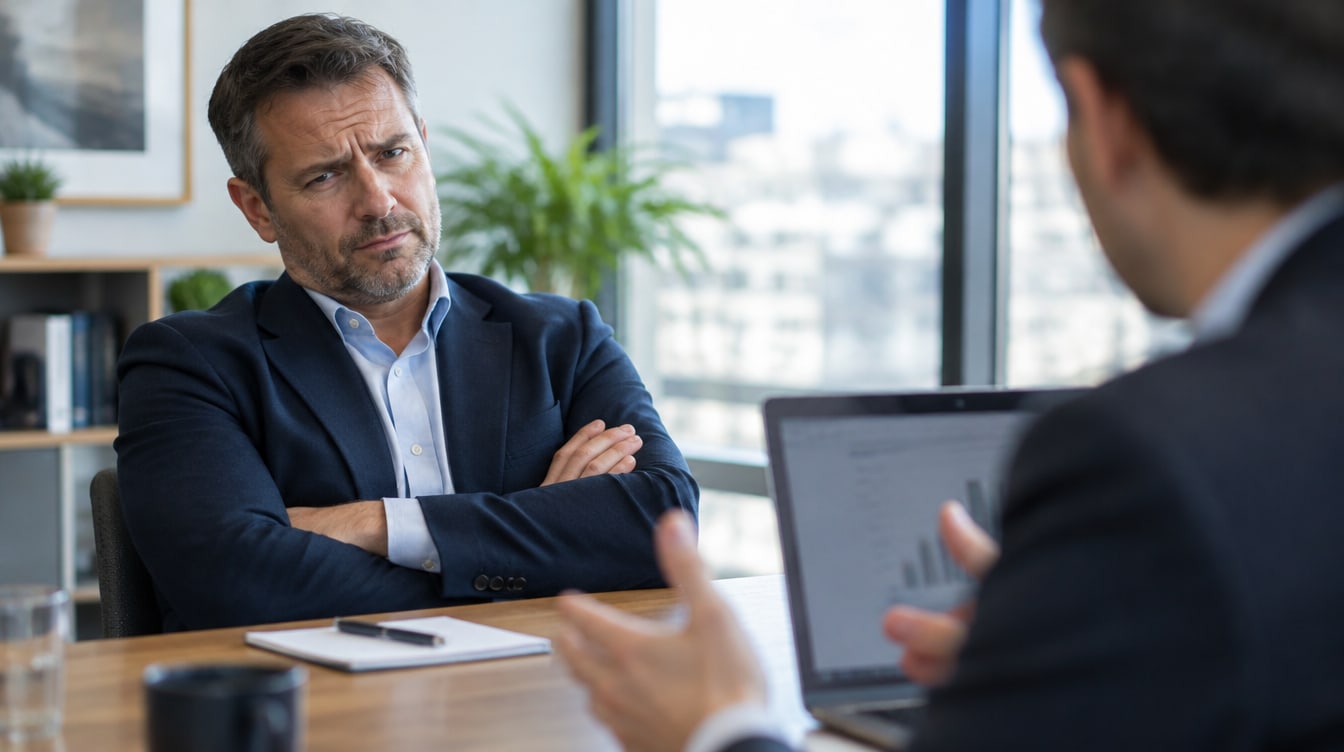 Skeptical buyer with arms crossed during a sales meeting about CRM software