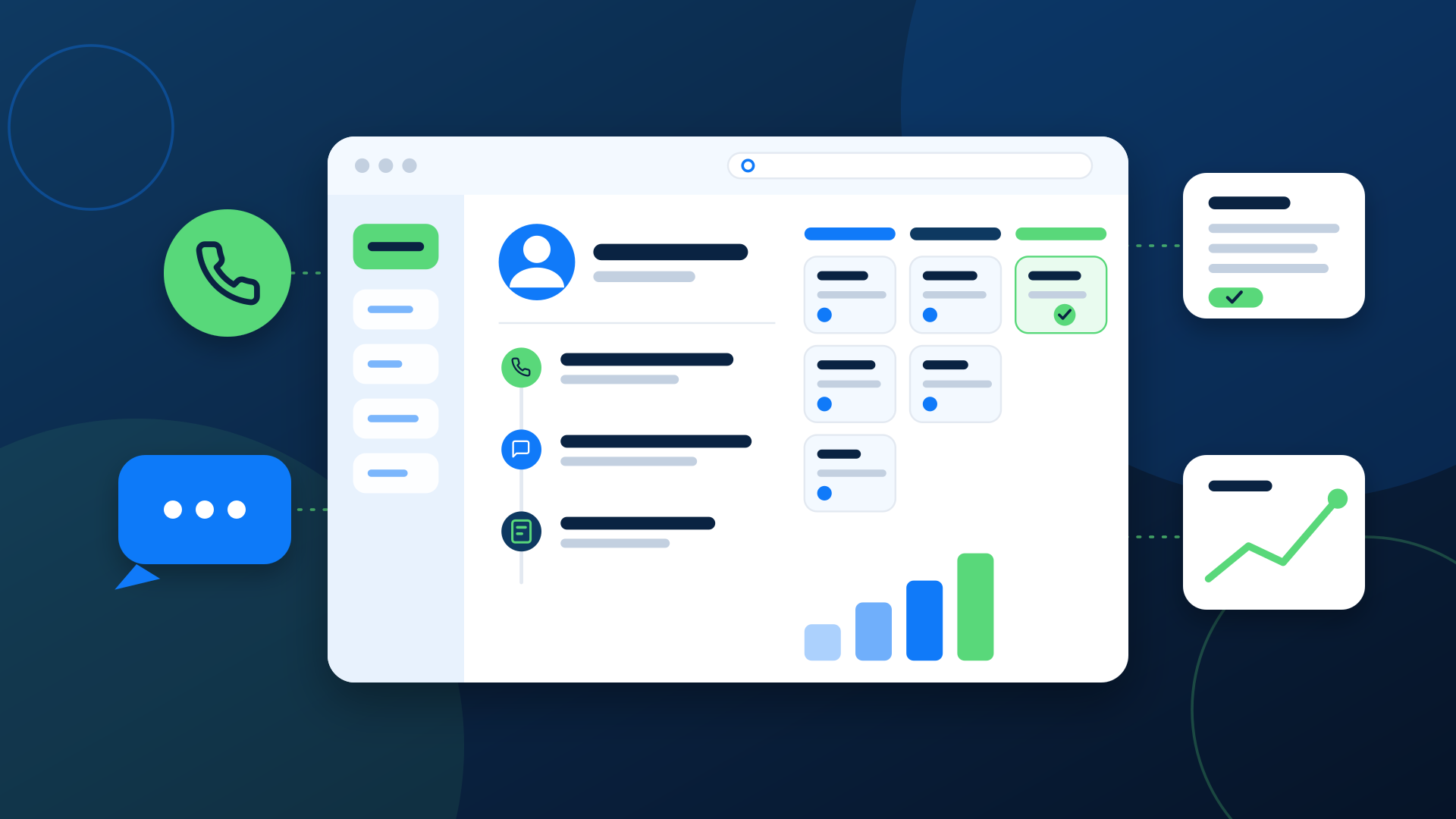 Illustration of a CRM client record with a call, a text message, an invoice and a sales pipeline