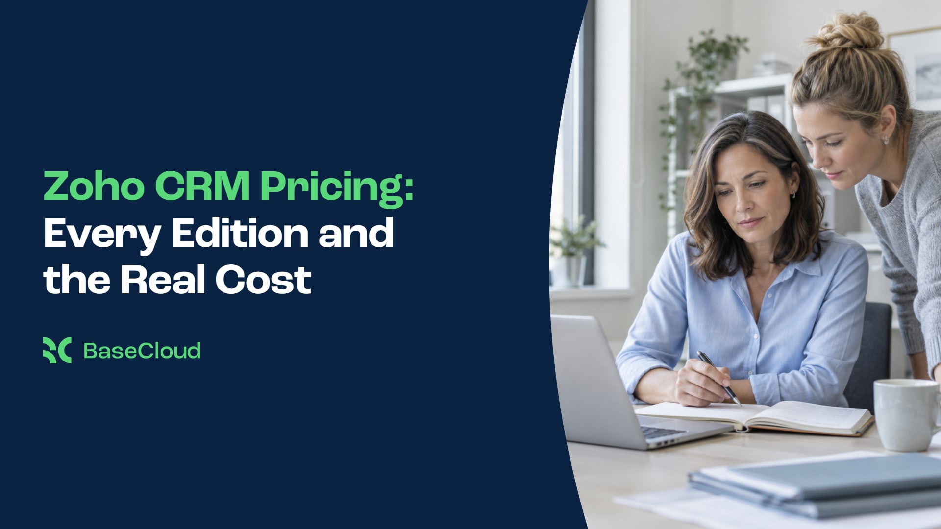 A business owner working through a budget with a colleague, beside the title Zoho CRM Pricing: Every Edition and the Real Cost
