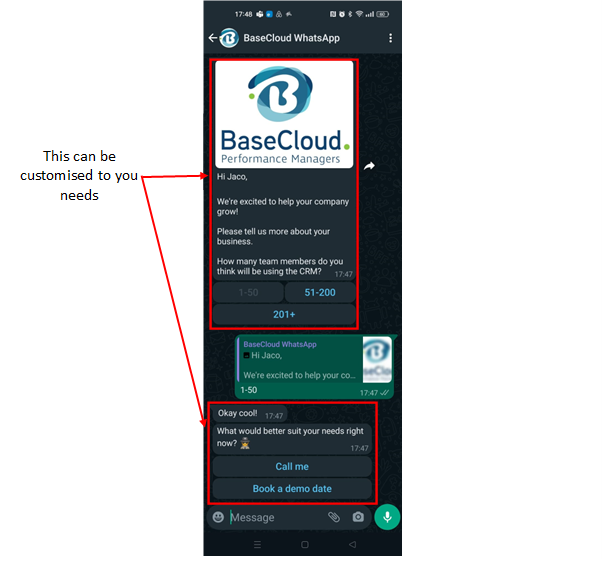 An automated WhatsApp conversation: BaseCloud asks a new lead how many team members will use the CRM, then offers "Call me" or "Book a demo date" buttons